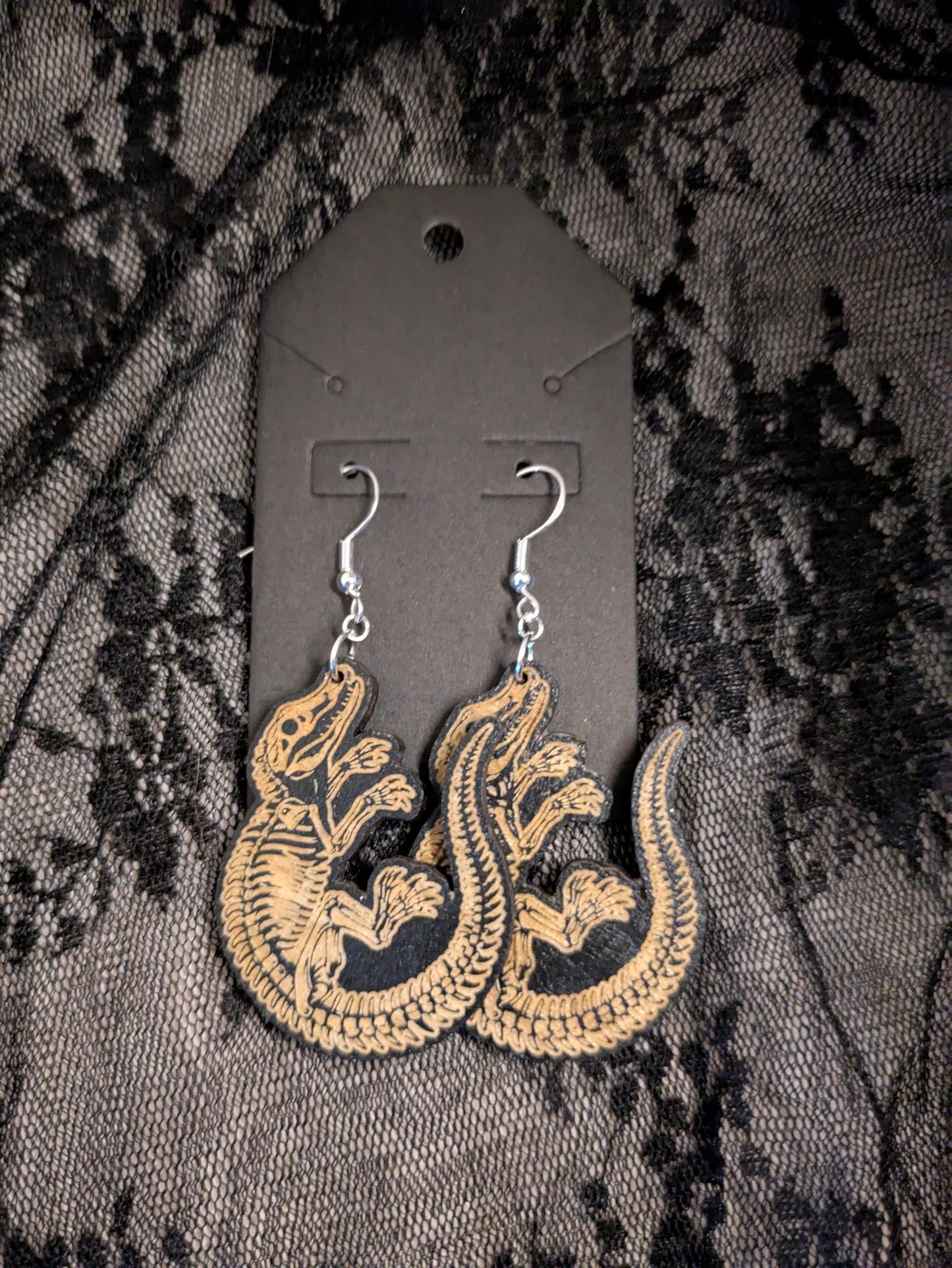 Wooden Alligator Skeleton Earrings - Laser Cut & Engraved