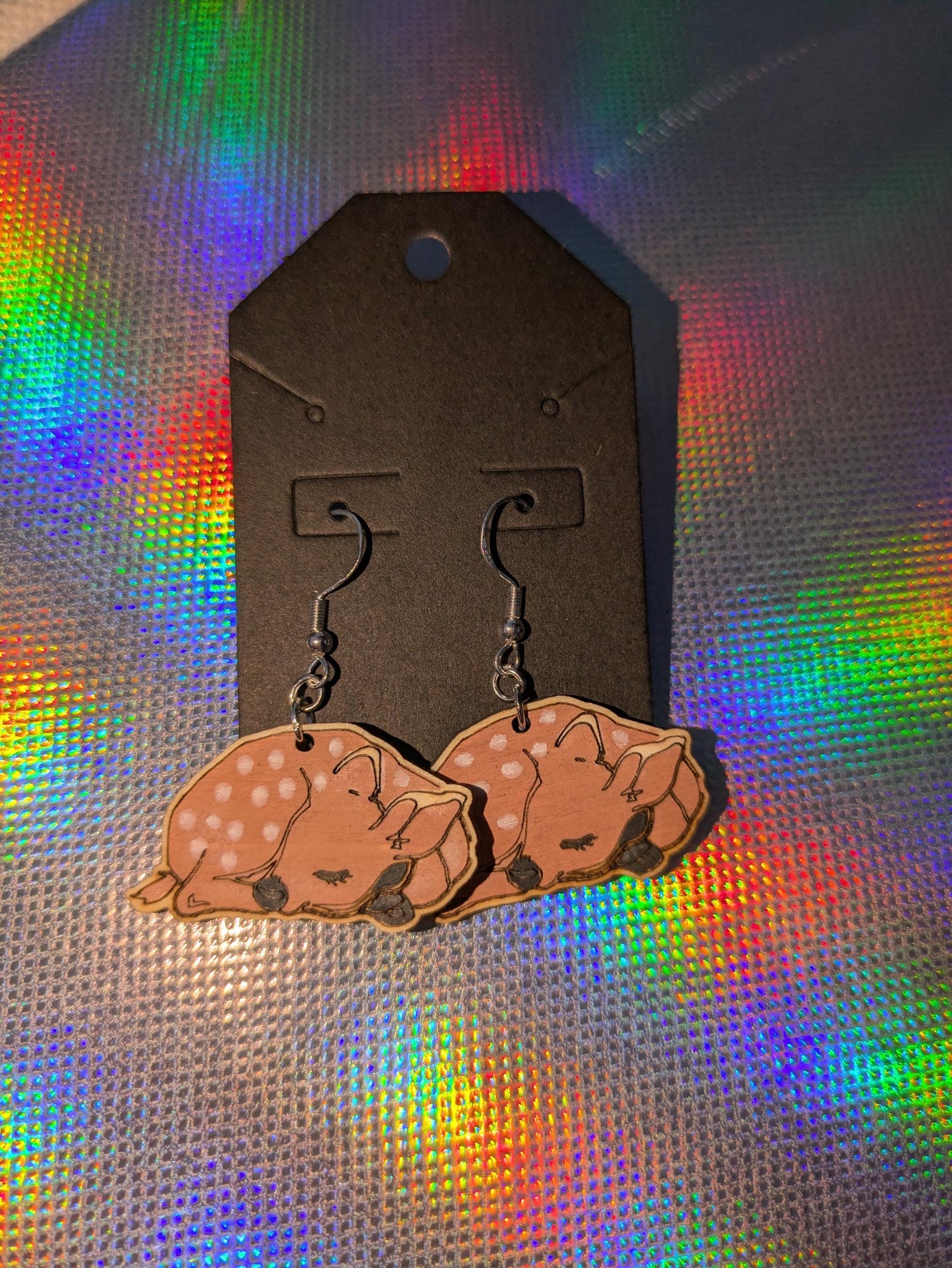 Hand-Painted Sleeping Fawn Earrings – Handmade Wooden Jewelry