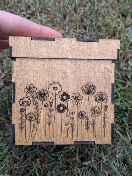 Engraved Wooden Trinket Box - Moth and Wildflower Design - Custom Cottagecore Keepsake Box - Nature-Inspired Jewelry Storage