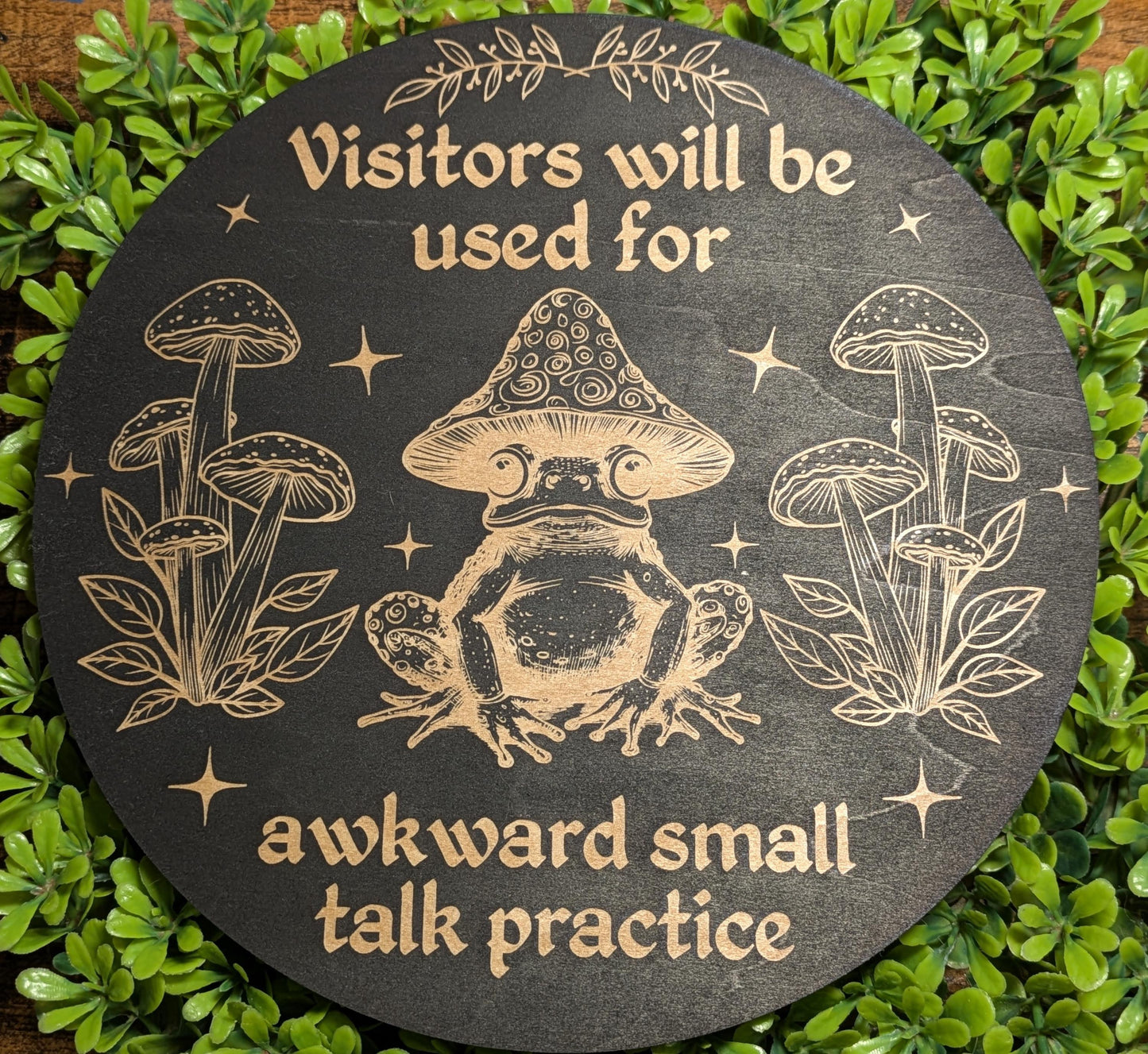 Funny Frog Sign - Woodland Mushroom Decor - Introvert Small Talk Humor Wall Hanging - Door Hanger