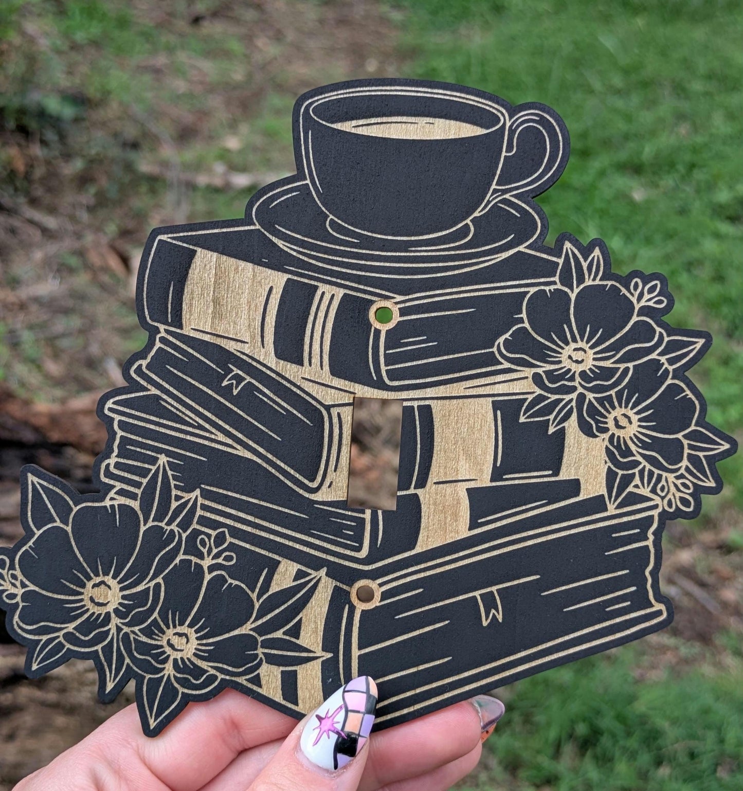Tea & Books Light Switch Plate - Book Lover’s Engraved Wooden Switch Cover with Floral Accents - Library Decor - Cozy Book Corner Vibes