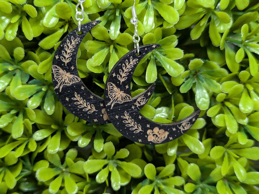 Cottagecore Moon Earrings - Laser Cut & Engraved - Handmade Wooden Jewelry