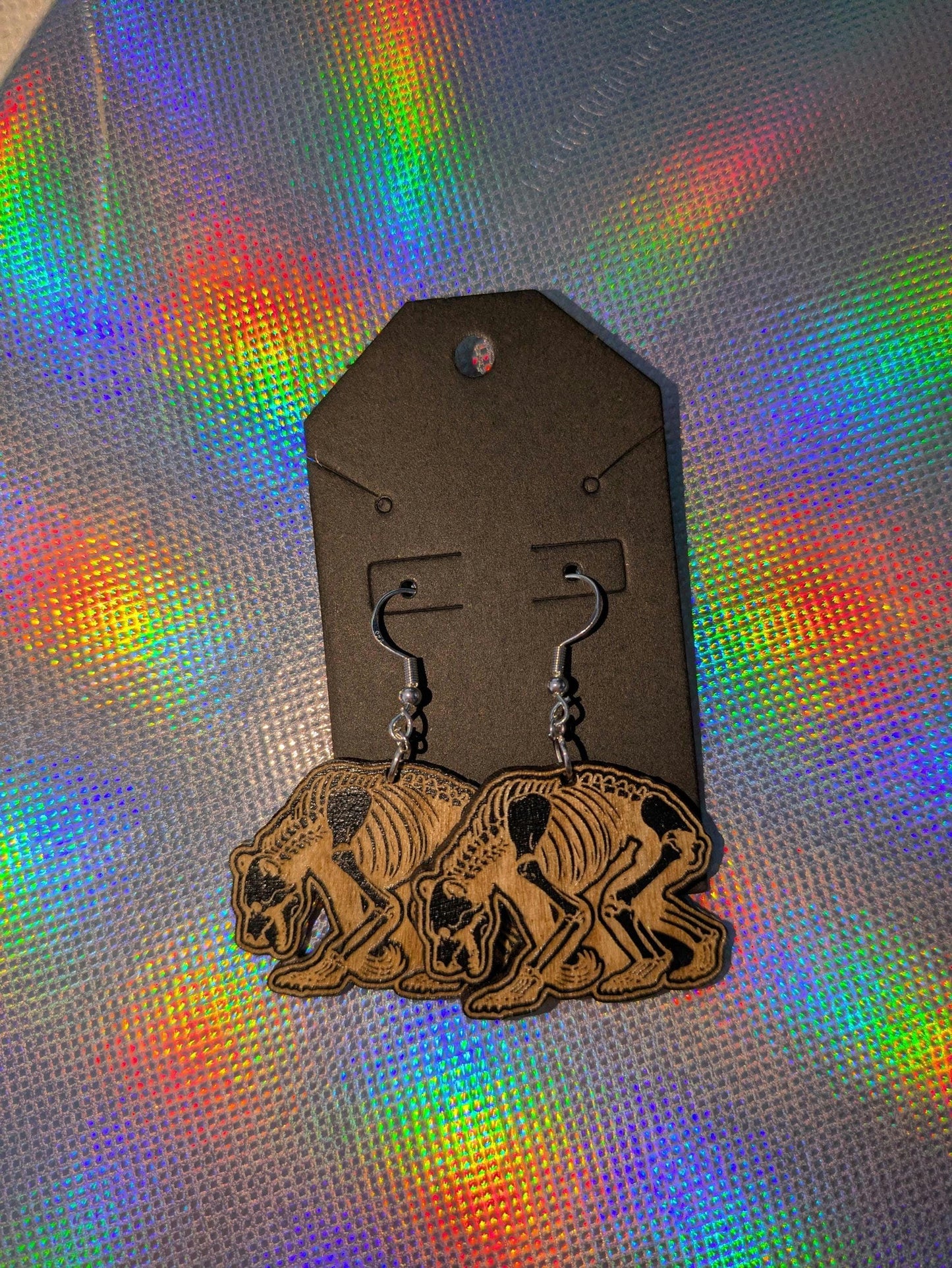 Wooden Bear Skeleton Earrings - Laser Cut & Engraved