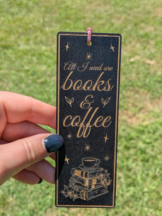 Books & Coffee Wooden Bookmark - Laser Engraved Black Wood - Cozy Reader Gift