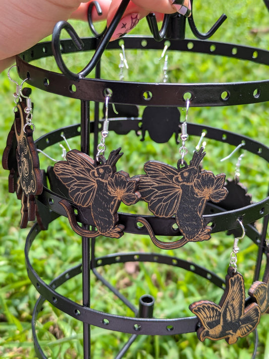 Fairy Rat Earrings – Whimsical Cottagecore Wooden Dangle Jewelry, Fantasy Forest Creature Laser Engraved Earrings