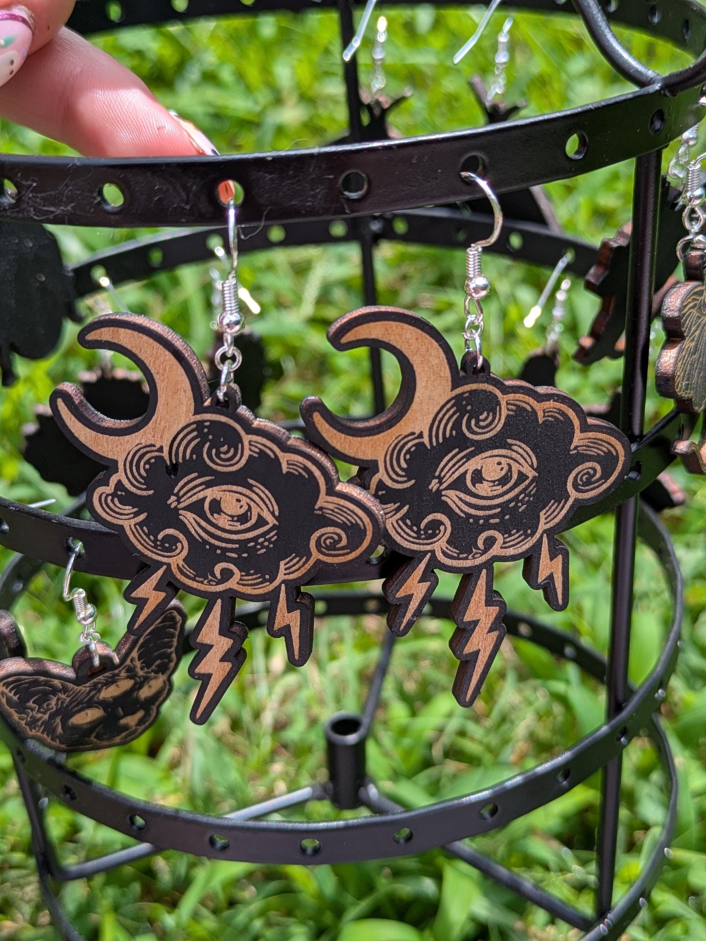 Mystic Moon & Storm Cloud Earrings - Celestial Lightning Bolt Wooden Dangle Jewelry, Witchy Laser Engraved Earrings