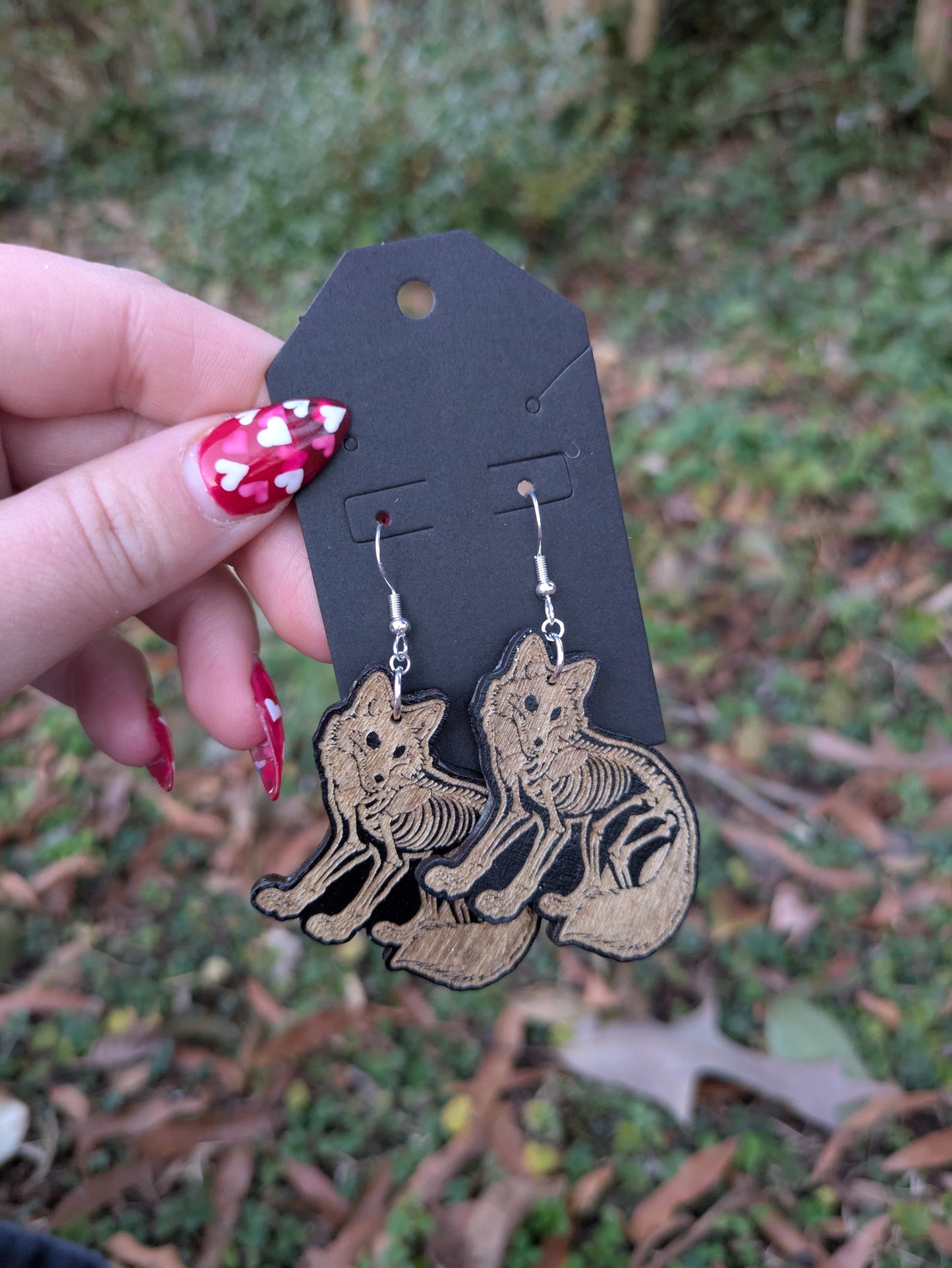 Wooden Fox Skeleton Earrings - Laser Cut & Engraved Handmade Wooden Jewelry