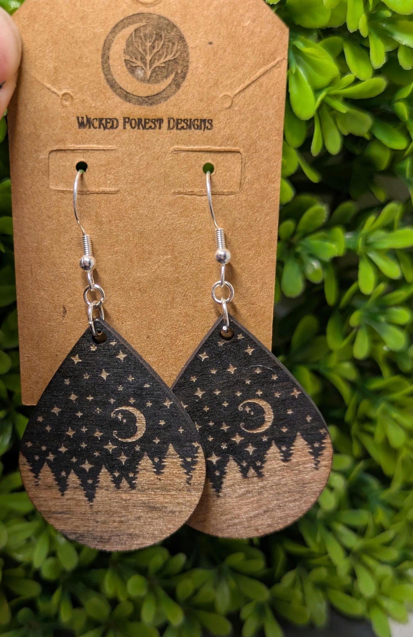 Forest At Night - Hand Painted Laser Cut Wooden Earrings
