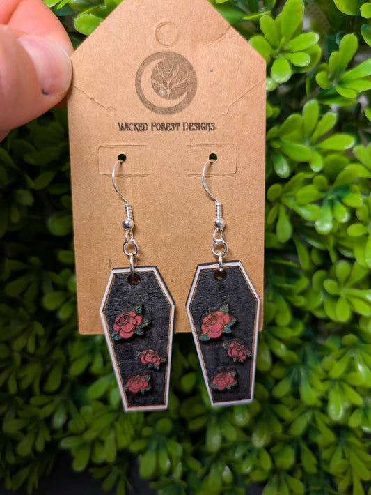 Coffins With Rose Decorations - Hand Painted Laser Cut Wooden Earrings