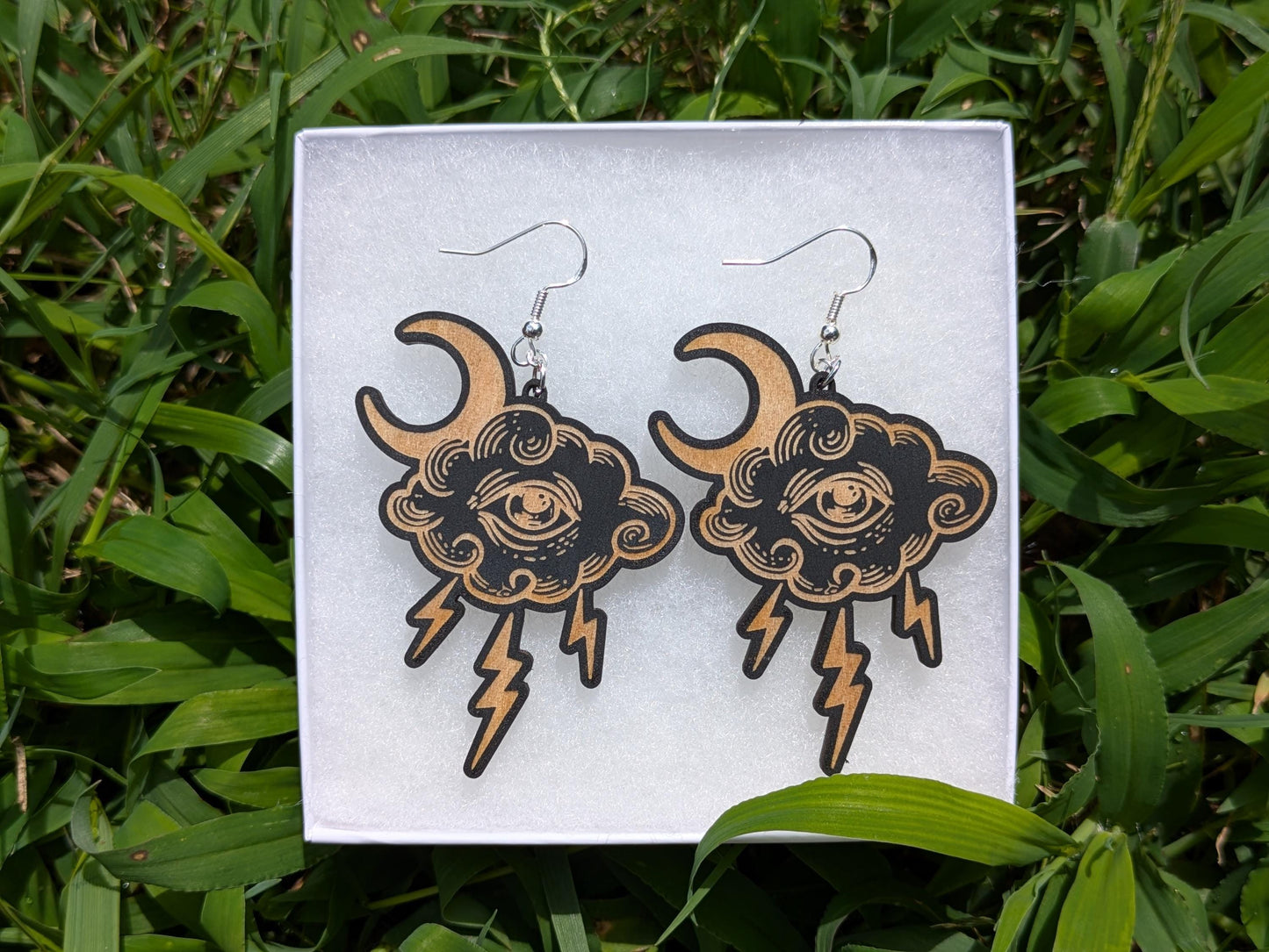 Mystic Moon & Storm Cloud Earrings - Celestial Lightning Bolt Wooden Dangle Jewelry, Witchy Laser Engraved Earrings
