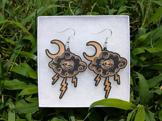 Mystic Moon & Storm Cloud Earrings - Celestial Lightning Bolt Wooden Dangle Jewelry, Witchy Laser Engraved Earrings