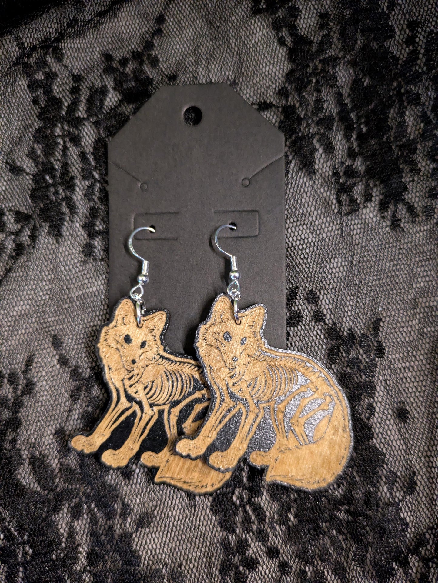 Wooden Fox Skeleton Earrings - Laser Cut & Engraved Handmade Wooden Jewelry