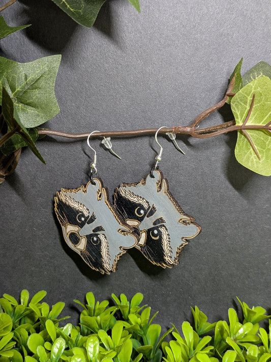 Laser Cut & Hand Painted Wooden Raccoon Earrings