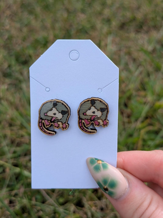 Screaming Opossum Earrings - Woodland Humor, Spooky Cute Wood Studs, Handmade Laser Cut Jewelry