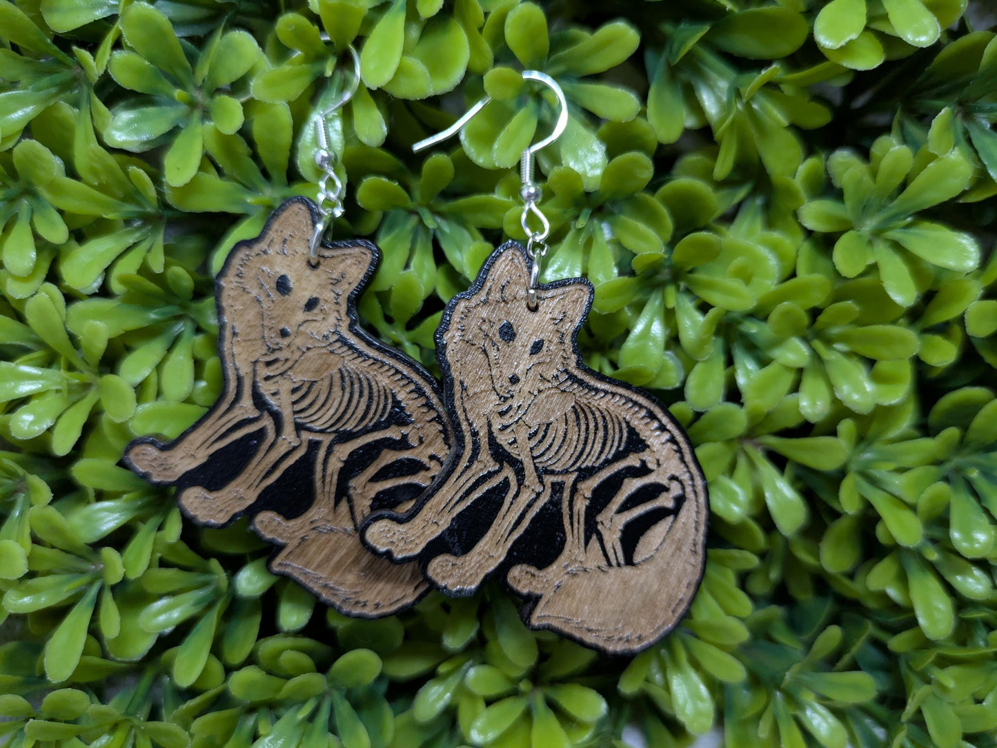 Wooden Fox Skeleton Earrings - Laser Cut & Engraved Handmade Wooden Jewelry