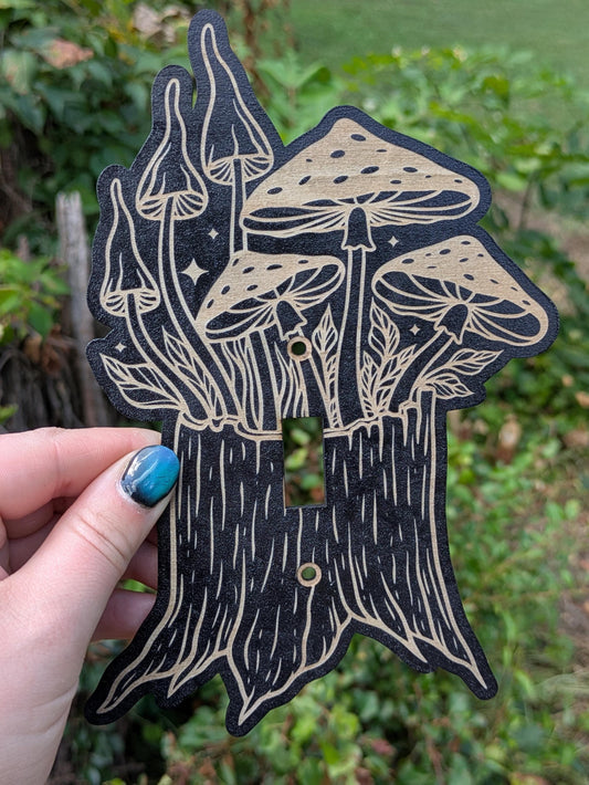 Engraved Mushroom Light Switch Plate - Black Wood Tree Stump Design - Forestcore or Fairycore Wall Decor