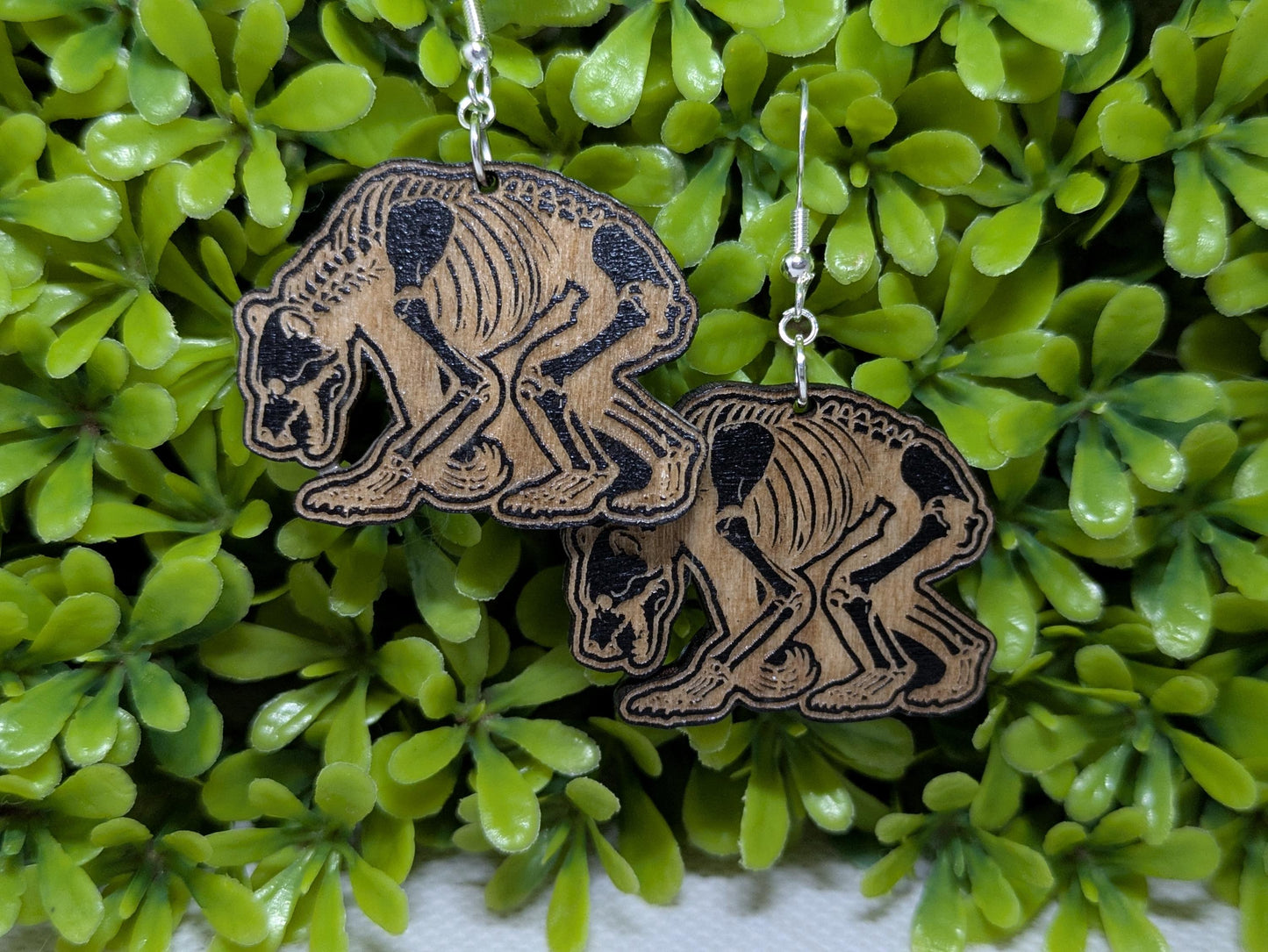 Wooden Bear Skeleton Earrings - Laser Cut & Engraved