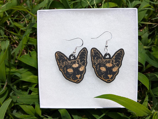Third Eye Sphynx Cat Earrings - Mystical Wooden Dangle Jewelry for Cat Lovers, Occult Witchy Laser Engraved Earrings