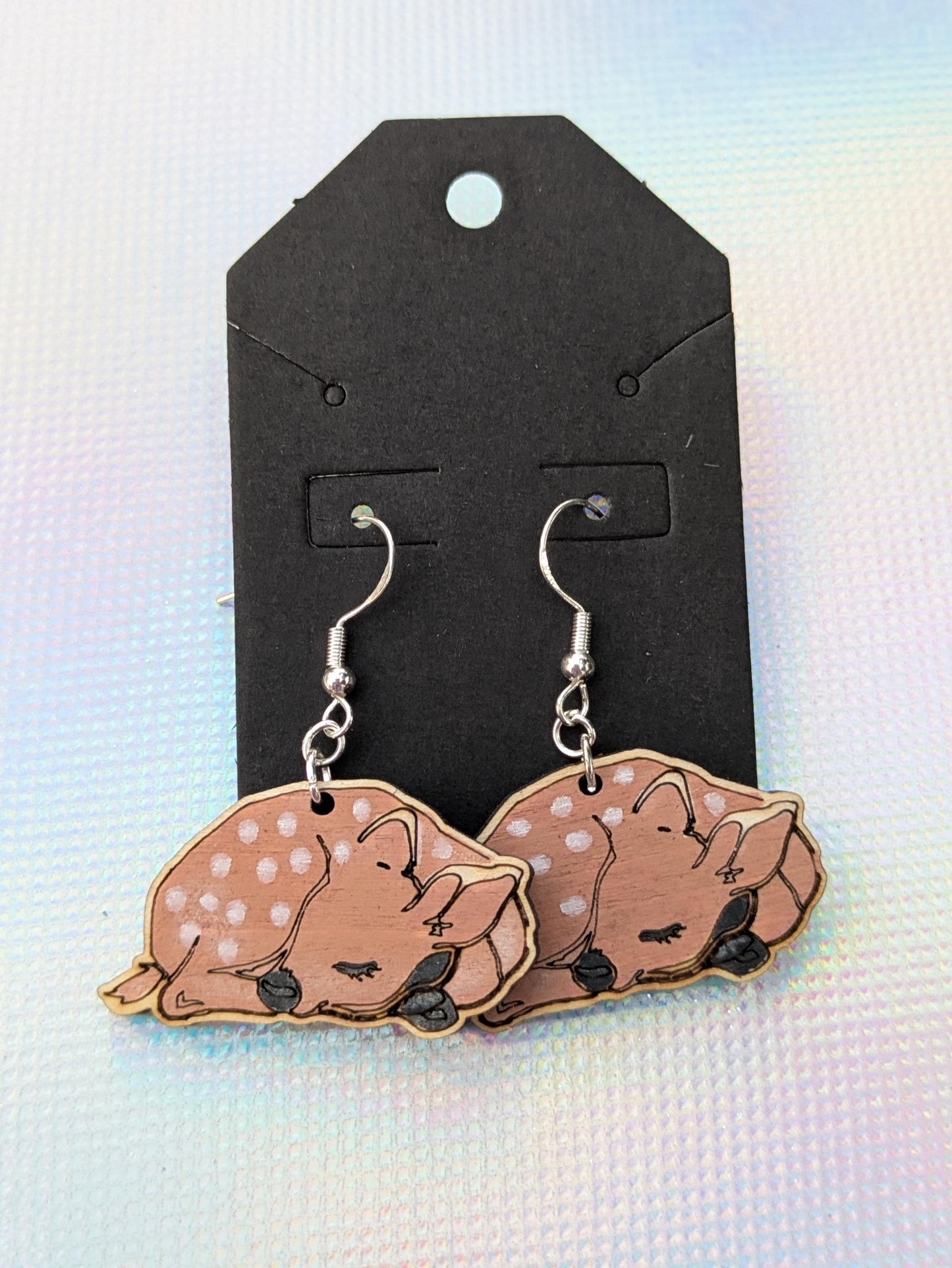 Hand-Painted Sleeping Fawn Earrings – Handmade Wooden Jewelry