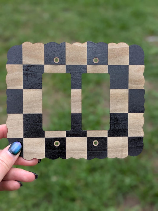 Checkerboard Light Switch Plate - Double Toggle Cover in Black & Wood - Scalloped Retro Wall Decor