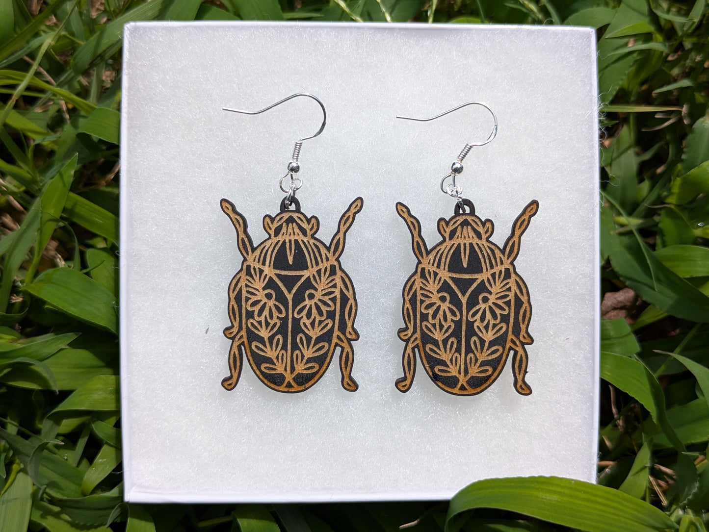 Floral Beetle Earrings - Botanical Insect Wooden Dangle Jewelry, Nature Inspired Laser Engraved Earrings