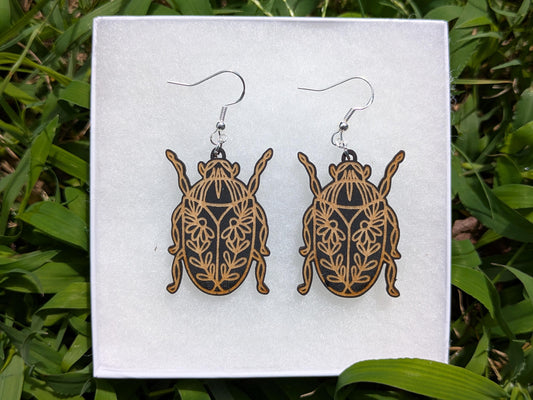 Floral Beetle Earrings - Botanical Insect Wooden Dangle Jewelry, Nature Inspired Laser Engraved Earrings