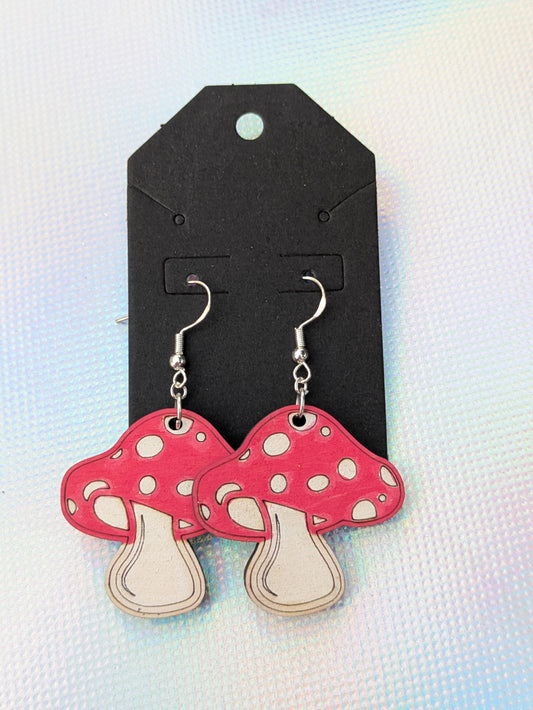 Hand-Painted Mushroom Earrings – Laser-Cut Wooden Dangly Jewelry