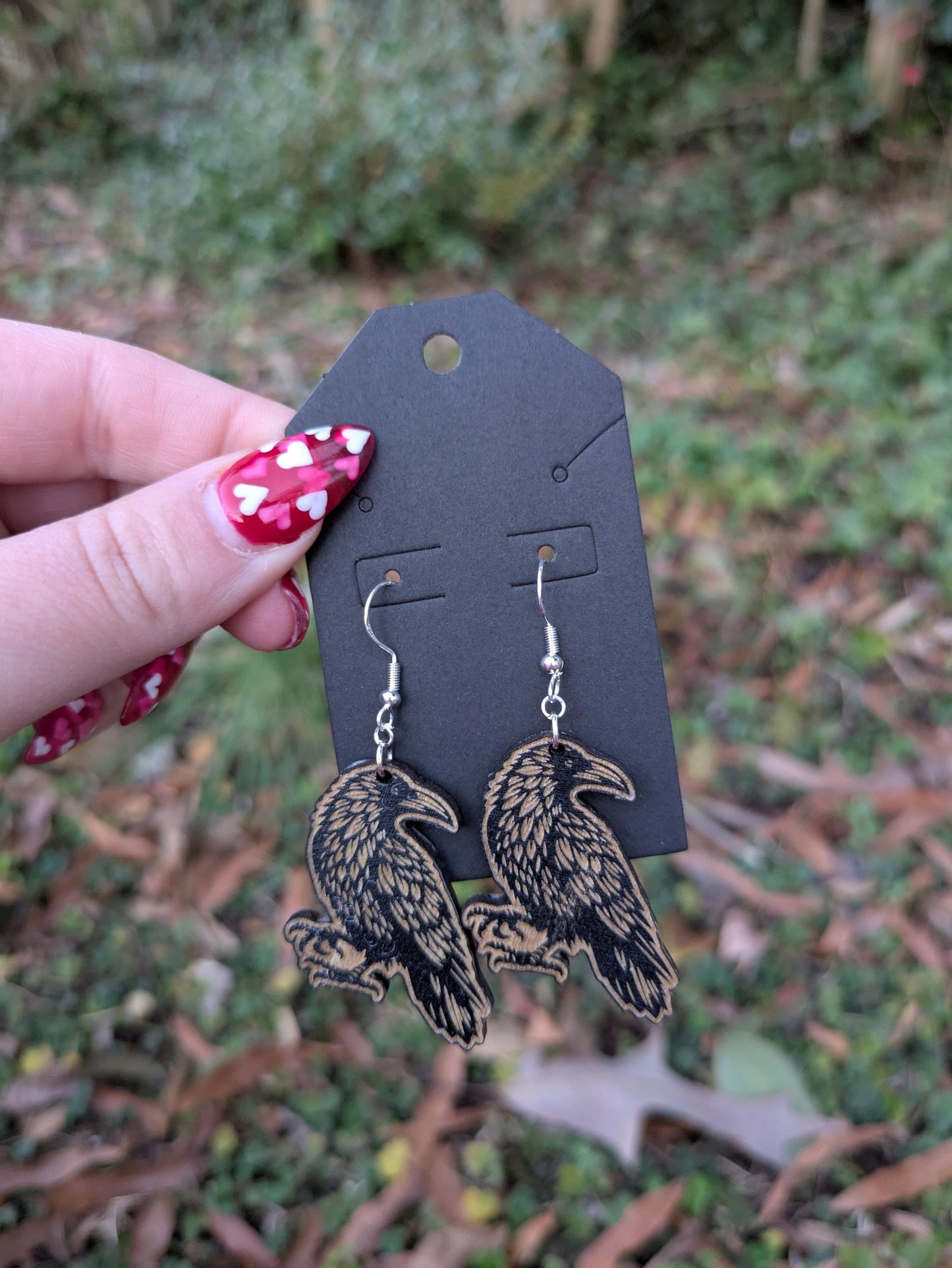 Wooden Crow Earrings - Laser Cut & Engraved Handmade Wooden Jewelry