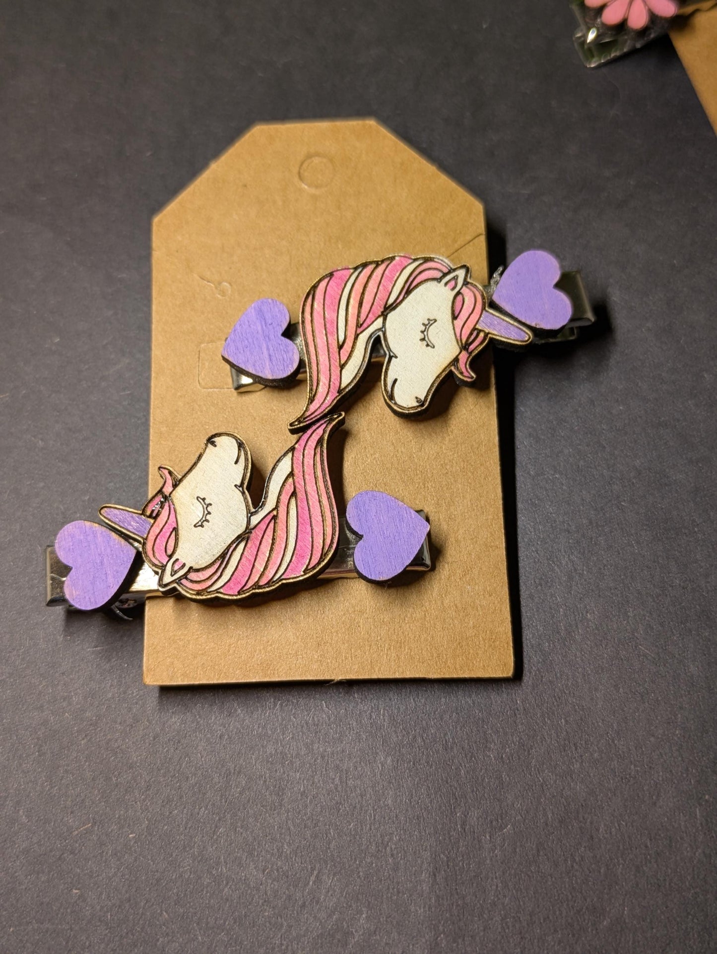 Pink & Purple Unicorns with Daisies Hair Clips - Set of 2 Pairs (4 Total) Hand-Painted Wooden Hair Clips