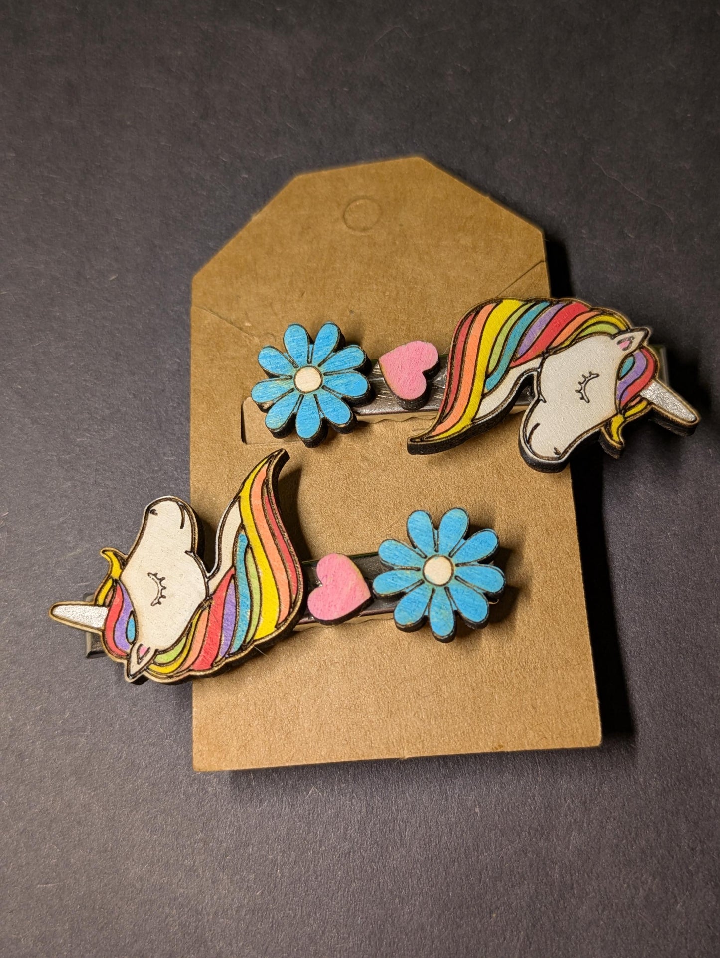 Unicorns & Rainbows Hair Clips - Set of 2 Pairs (4 Total) Hand-Painted Wooden Hair Clips