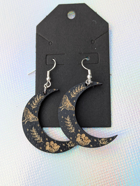 Cottagecore Moon Earrings - Laser Cut & Engraved - Handmade Wooden Jewelry