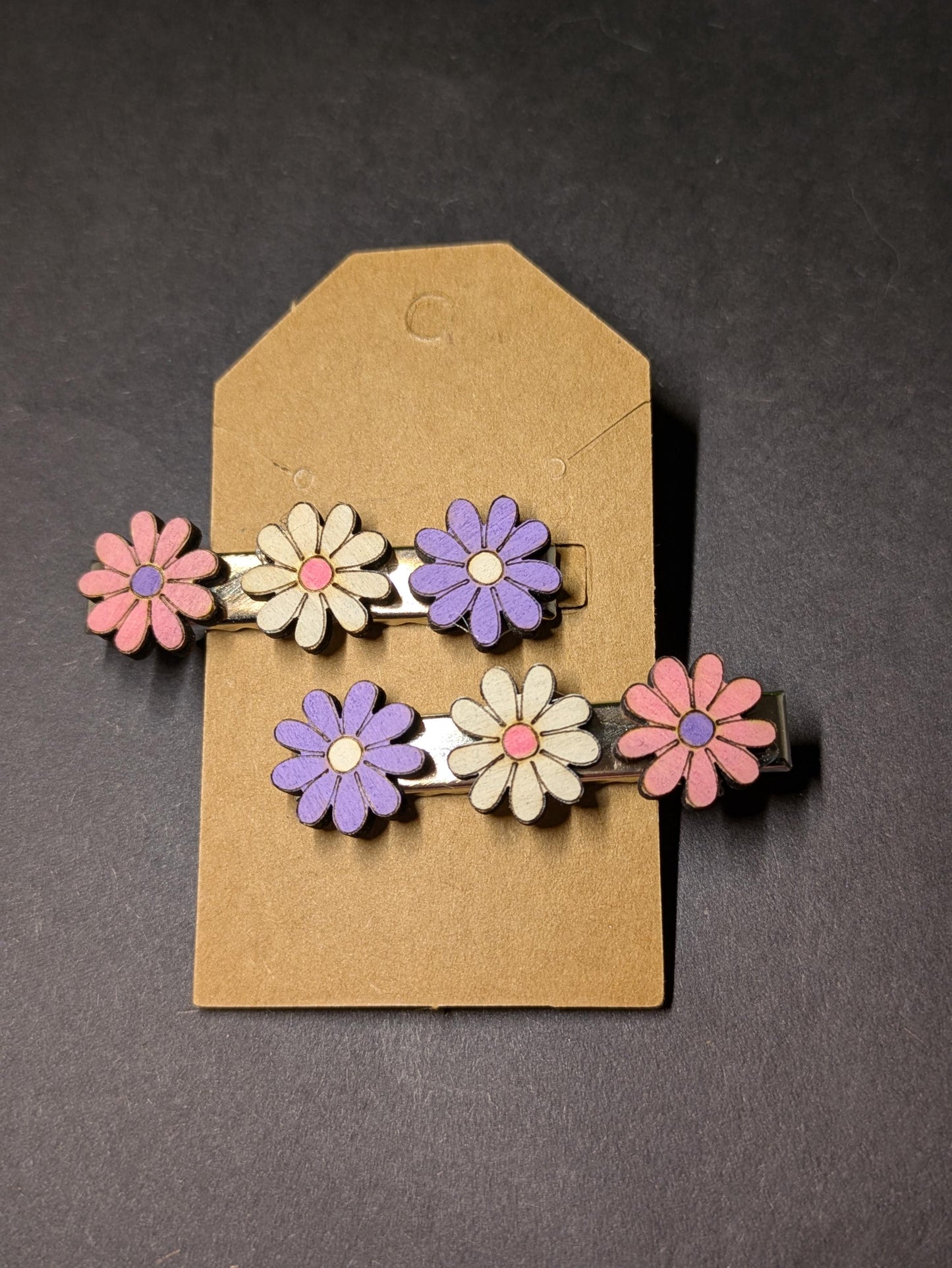 Pink & Purple Unicorns with Daisies Hair Clips - Set of 2 Pairs (4 Total) Hand-Painted Wooden Hair Clips