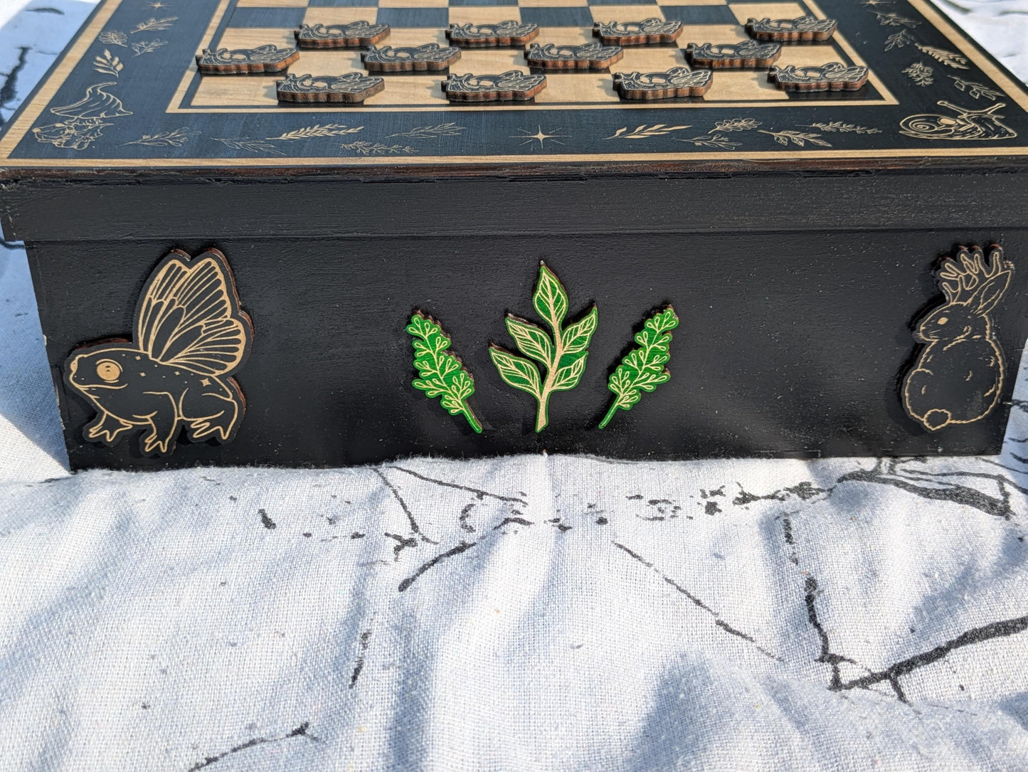 Whimsical Wood Checkerboard Game Box - Handcrafted with Engraved Nature Art, Snail & Frog Playing Pieces