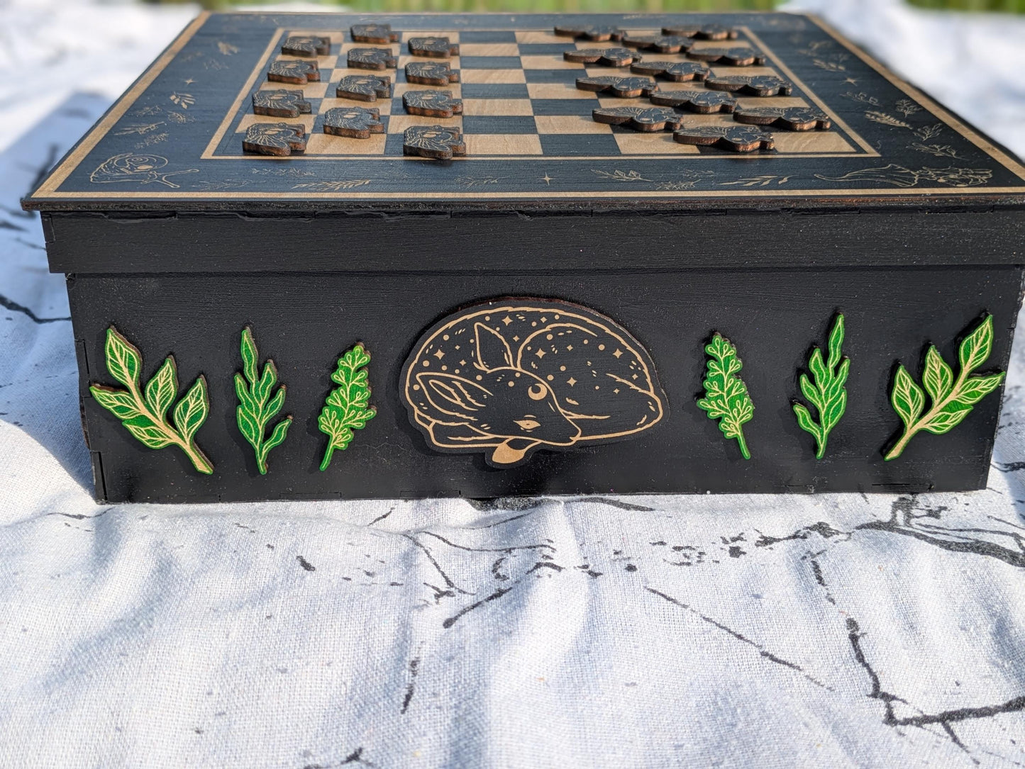 Whimsical Wood Checkerboard Game Box - Handcrafted with Engraved Nature Art, Snail & Frog Playing Pieces