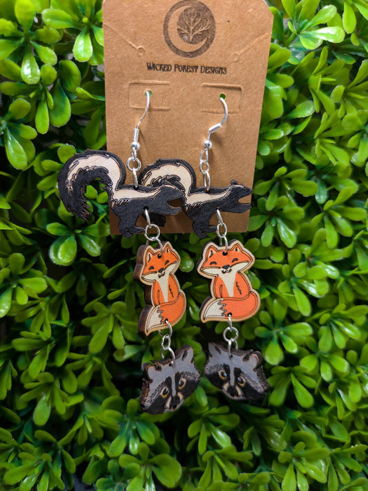 Hand-Painted Stacked Woodland Creature Earrings – Laser-Cut Wooden Dangly Jewelry