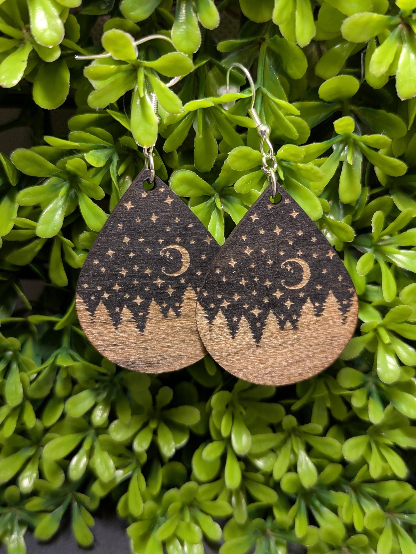 Forest At Night - Hand Painted Laser Cut Wooden Earrings