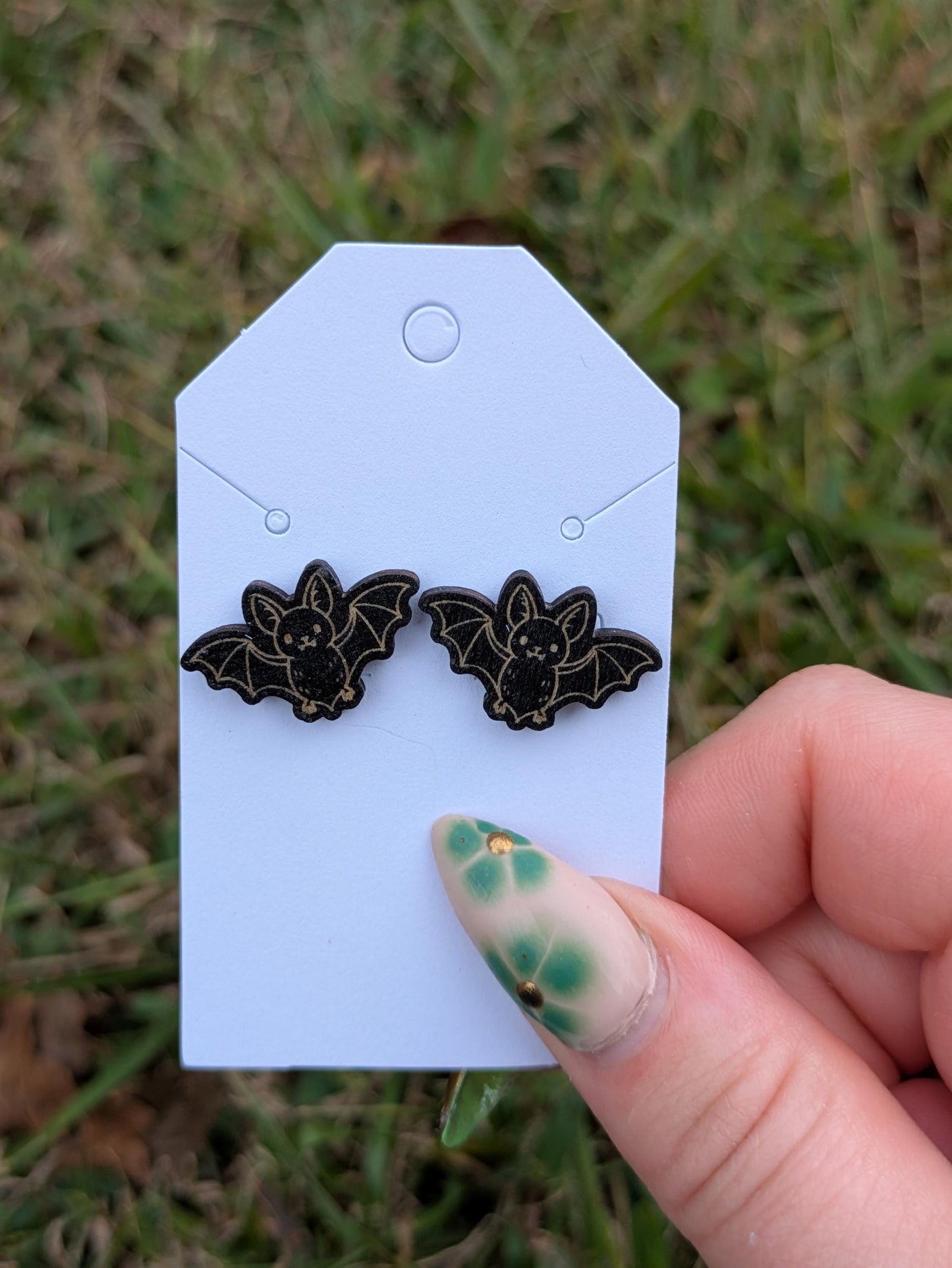 Bat Wooden Stud Earrings - Hand Painted Laser Cut Gothic Halloween Jewelry