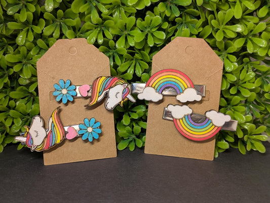 Unicorns & Rainbows Hair Clips - Set of 2 Pairs (4 Total) Hand-Painted Wooden Hair Clips
