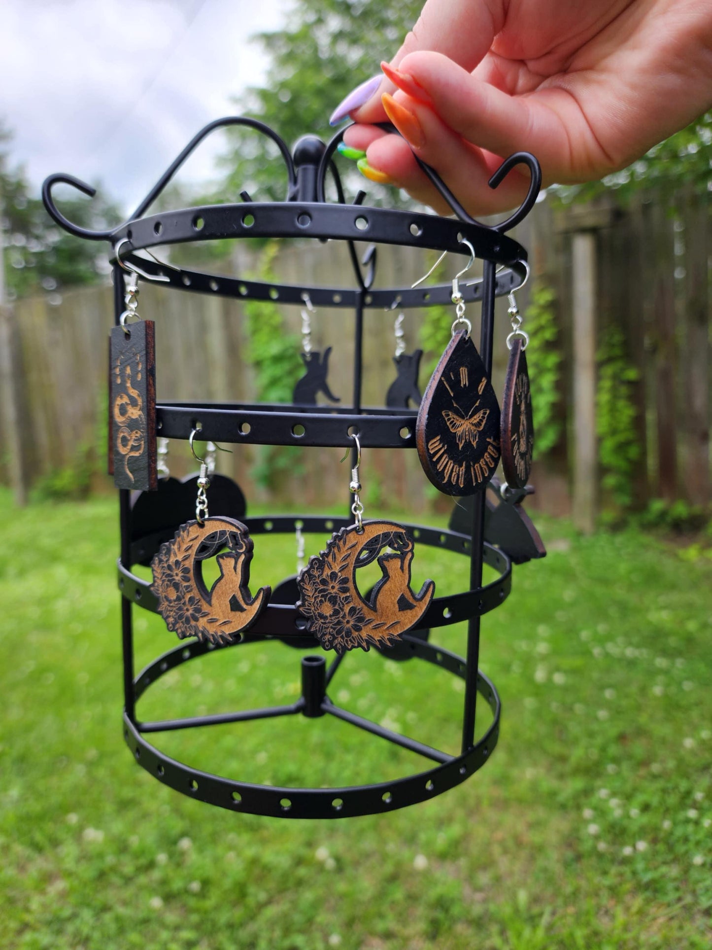 Moonlight Familiar - Cat & Crescent Moon/Floral Earrings in Black