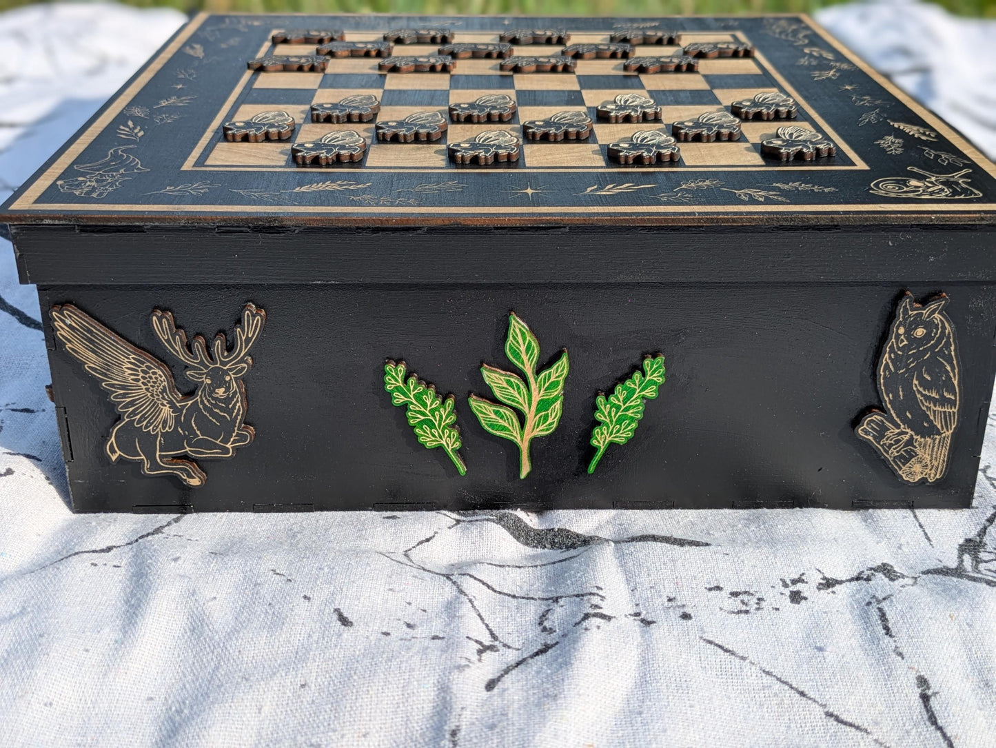 Whimsical Wood Checkerboard Game Box - Handcrafted with Engraved Nature Art, Snail & Frog Playing Pieces