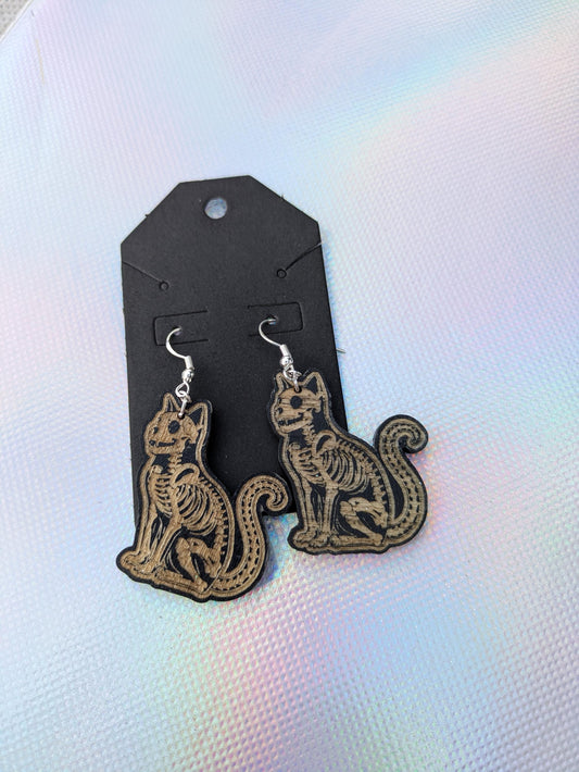 Wooden Cat Skeleton Earrings - Laser Cut & Engraved Handmade Wooden Jewelry