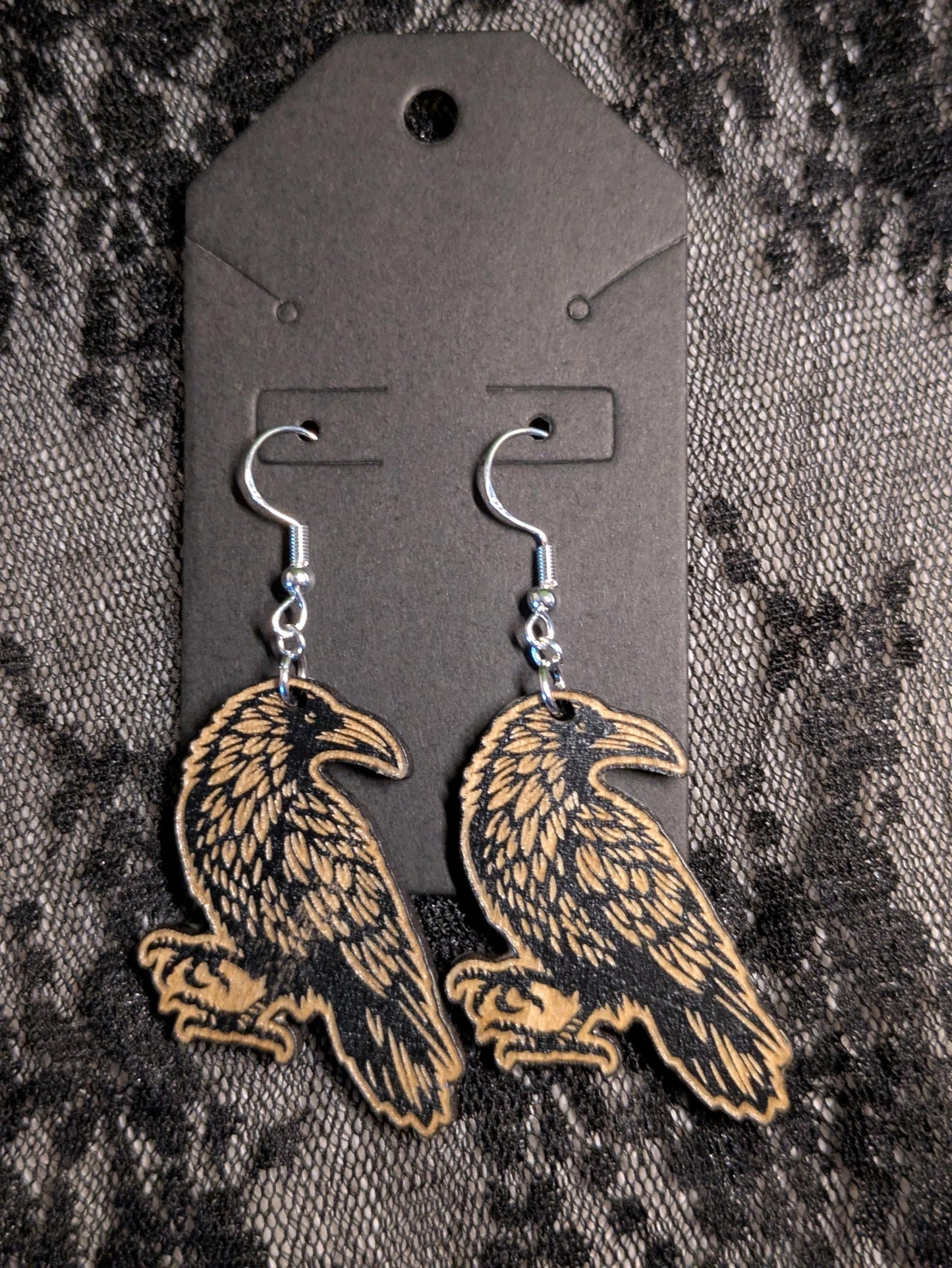 Wooden Crow Earrings - Laser Cut & Engraved Handmade Wooden Jewelry