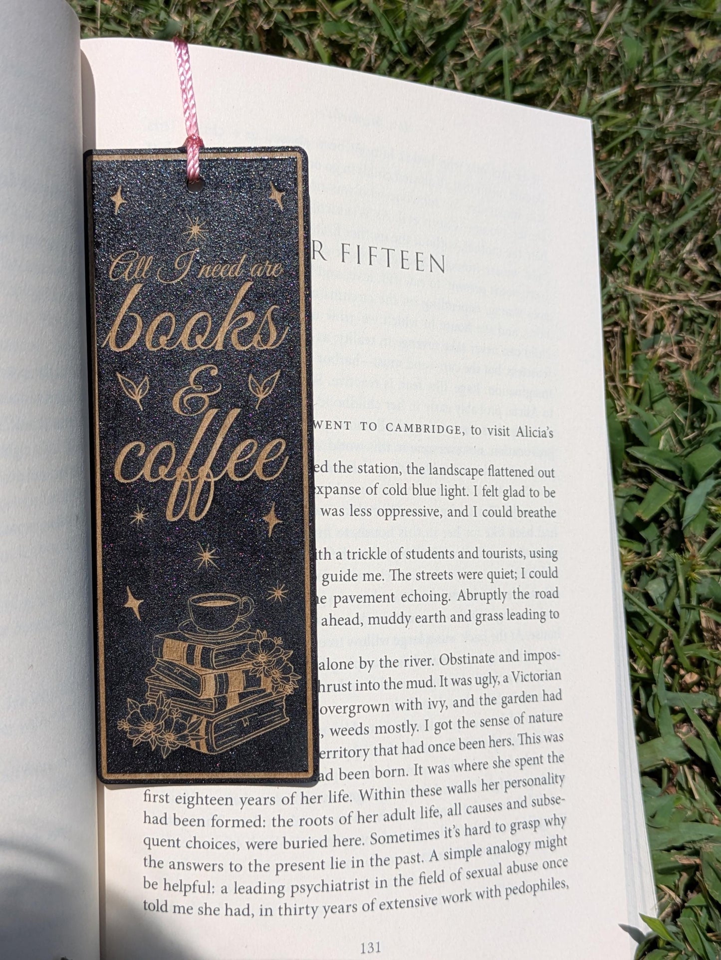 Books & Coffee Wooden Bookmark - Laser Engraved Black Wood - Cozy Reader Gift