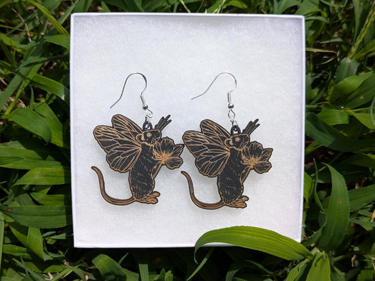 Fairy Rat Earrings – Whimsical Cottagecore Wooden Dangle Jewelry, Fantasy Forest Creature Laser Engraved Earrings