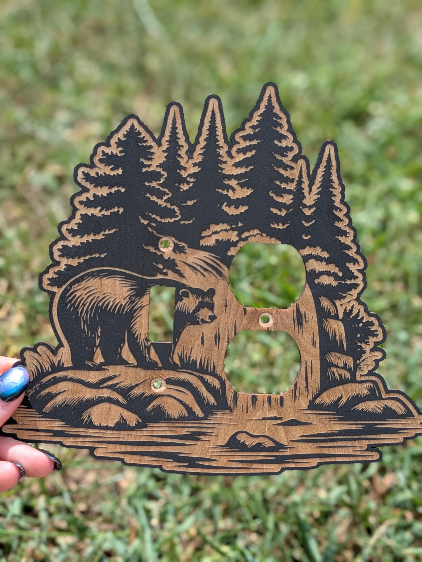 Bear & Pine Forest Light Switch Plate - Rustic Cabin Style Laser Engraved Wooden Cover