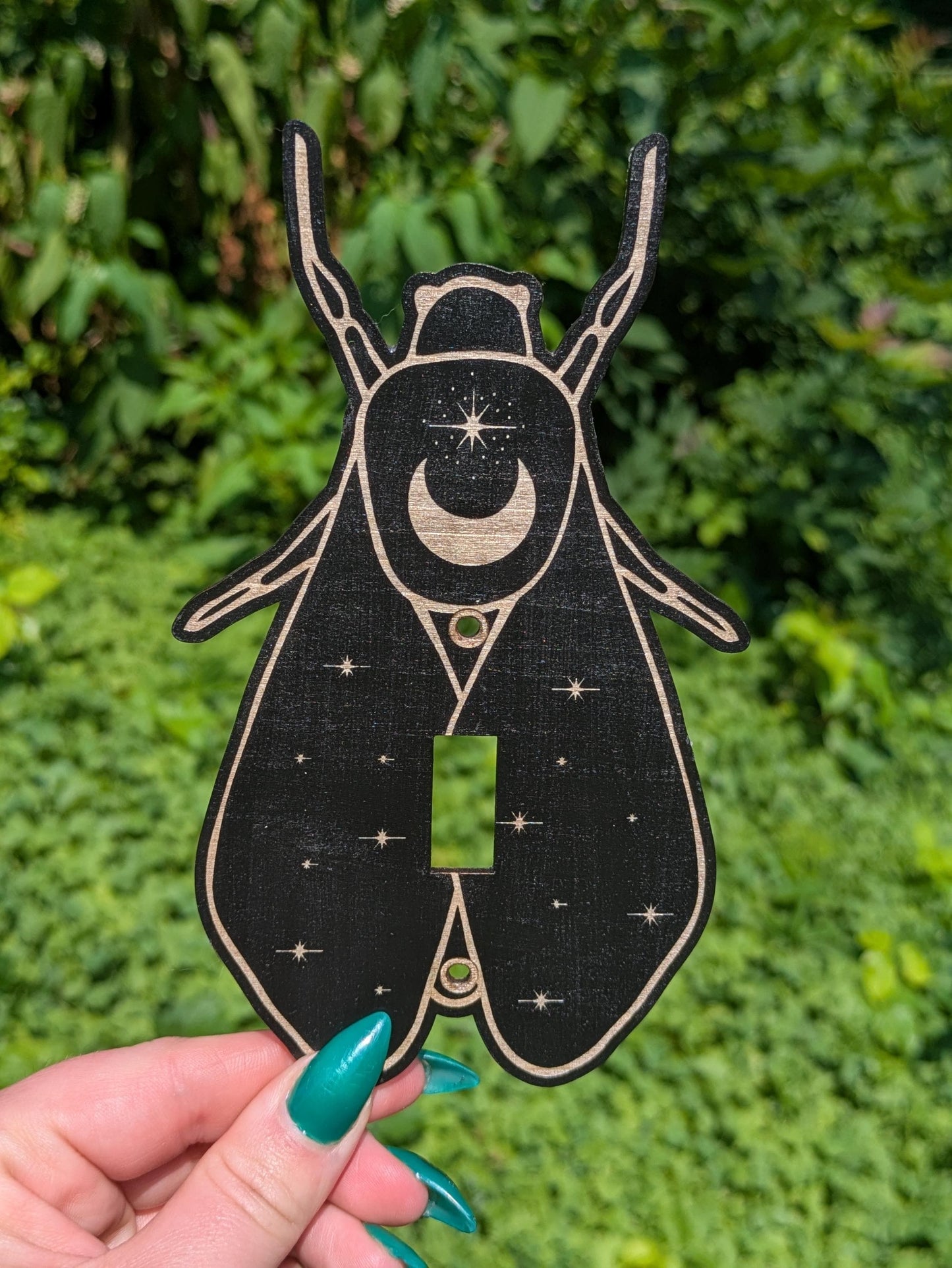 Gothic Bug Light Switch Plate - Black Engraved Wooden Cover with Moon & Stars - Nature-Inspired Celestial Decor