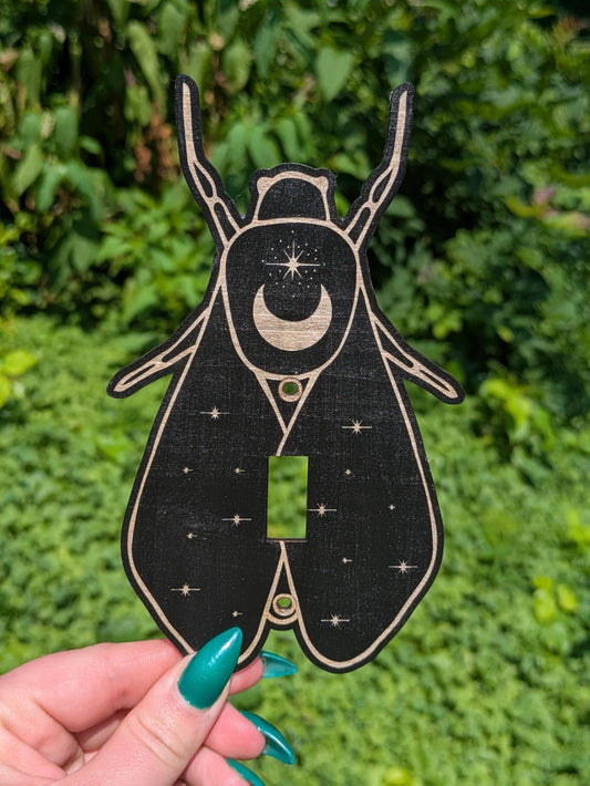 Gothic Bug Light Switch Plate - Black Engraved Wooden Cover with Moon & Stars - Nature-Inspired Celestial Decor