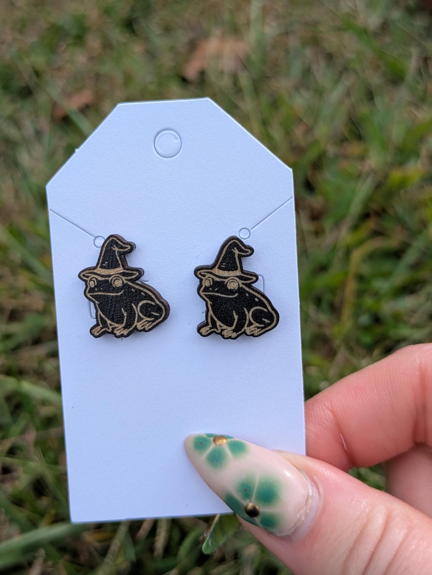 Witch Frog Wooden Stud Earrings - Hand Painted Laser Cut Halloween Jewelry