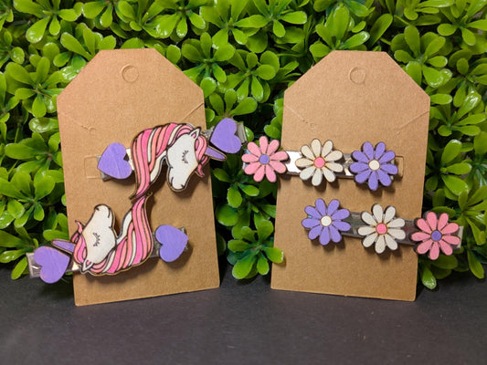 Pink & Purple Unicorns with Daisies Hair Clips - Set of 2 Pairs (4 Total) Hand-Painted Wooden Hair Clips