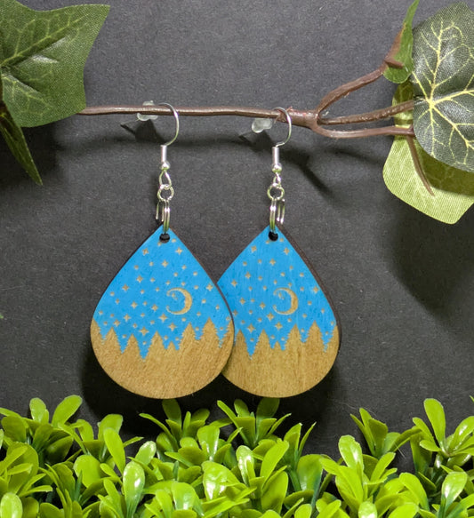 Forest At Night - Hand Painted Laser Cut Wooden Earrings